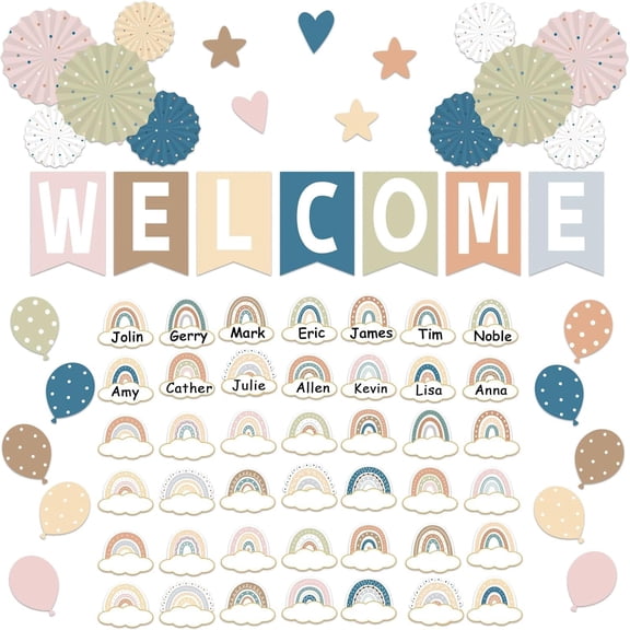 67 Pieces Simply Boho Welcome Classroom Bulletin Board Set Rainbow Bulletin Board Classroom Decoration Balloon Paper Fans Cutouts for Primary School Kindergarten Middle School Wall Decor