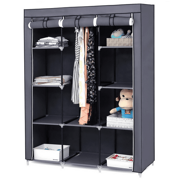 67" Portable Closet Organizer with 10 Shelves, Easy Assembly Wardrobe Storage Cabinet with Zippered Dust Cover & Hanging Rod - Gray, Space-Saving for Small Rooms