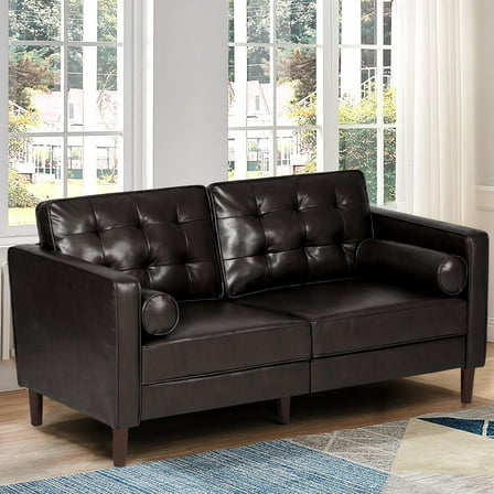 67" Premium Faux Leather 2-Seater Sofa with 2 Bolster Pillows and Tufted Backrest, Mid-Century Modern Loveseat Sofa, Luxury Couch for Living Room, Bedroom, Office, Dark Brown