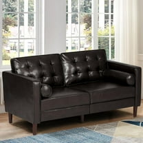 67" Premium Faux Leather 2-Seater Sofa with 2 Bolster Pillows and Tufted Backrest, Mid-Century Modern Loveseat Sofa, Luxury Couch for Living Room, Bedroom, Office, Dark Brown