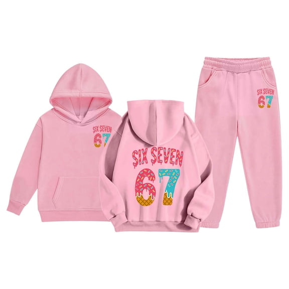 67 Print Girls Sweatsuits Hoodie Jogger Casual Comfortable Daily Wear Kids Playwear Two Piece Outfit Pink 10-11 Y