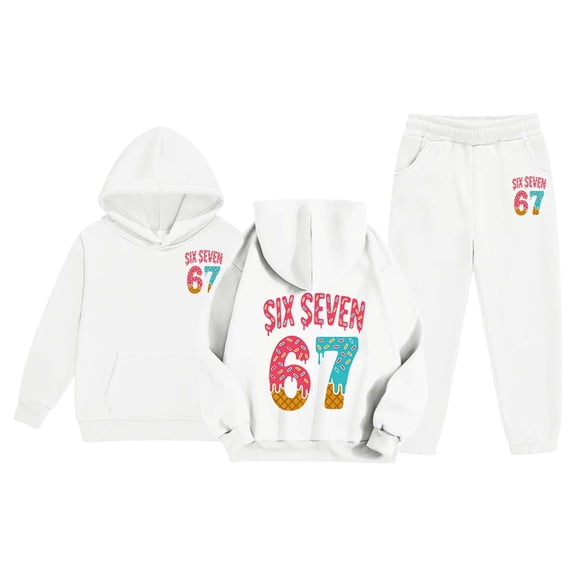 67 Print Girls Sweatsuits Hoodie Jogger Casual Comfortable Daily Wear Kids Playwear Two Piece Outfit White 4-5 Y