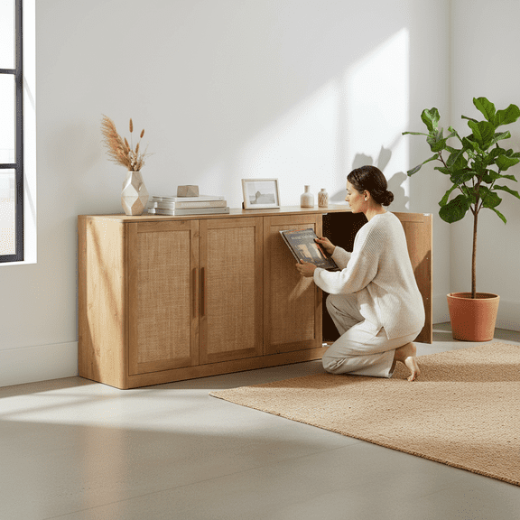 67" Rattan 4-Door Buffet Cabinet, Boho Credenza Sideboard with Natural Cane Panels, Caramel Oak Finish