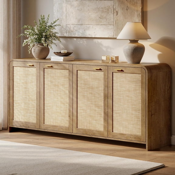 67" Rattan Buffet Cabinet with Storage, Boho Sideboard Cabinet with 4 Doors, Large Credenza Sideboard Buffet for Living Room, Hallway and Kitchen, Caramel Oak