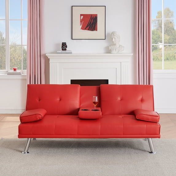 67" Red Leather Multifunctional Double Folding Sofa Bed with Built-In Coffee Table, Space-Saving Convertible Couch Ideal for Office, Living Room, or Small Spaces (Red)