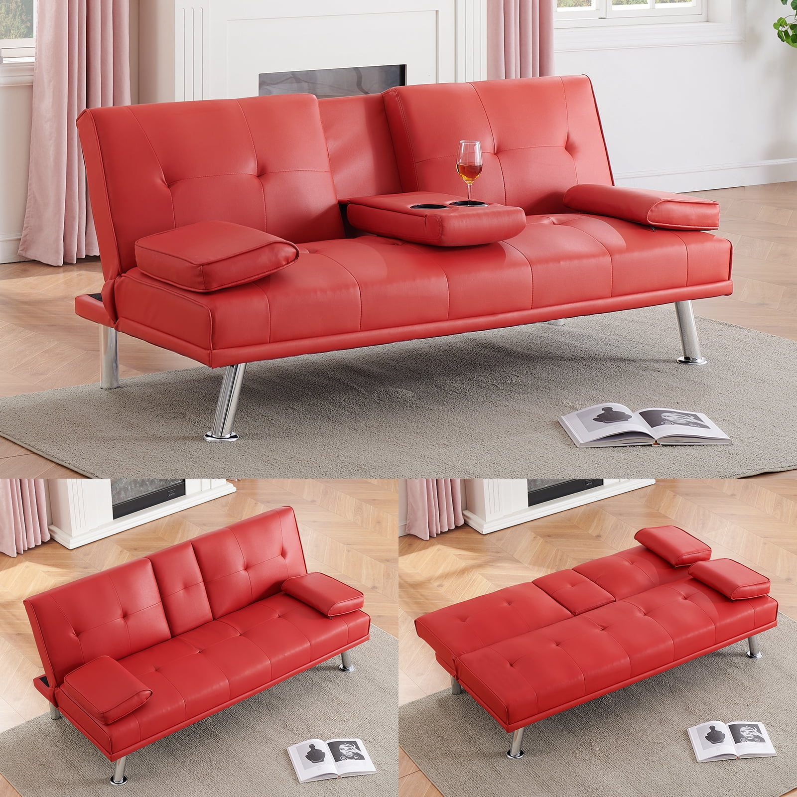 67" Red Leather Multifunctional Double Folding Sofa Bed for Office with Coffee Table, Modern Convertible Futon for Small Spaces, Adjustable Backrest with 3 Positions, Easy Assembly