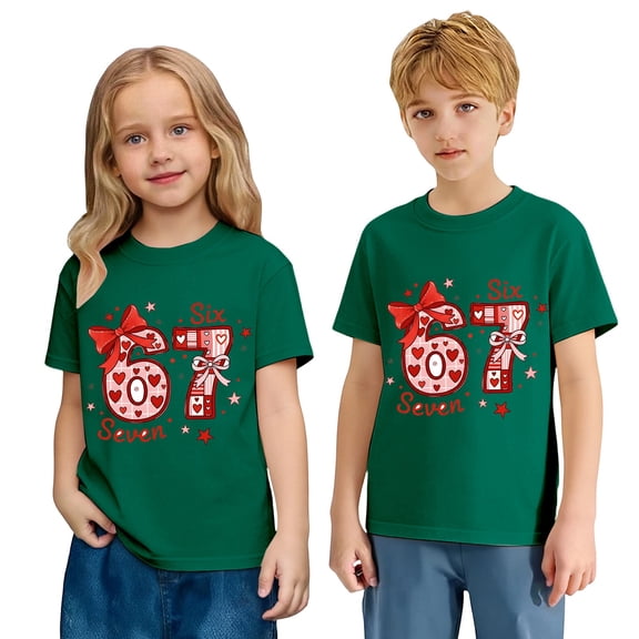 67 Shirt Six Seven Christmas Girls Fashion Graphic Print Loose Fit Casual Short Sleeve Tee Top Playful Comfortable Daily Wear Soft Breathable Kids Shirt