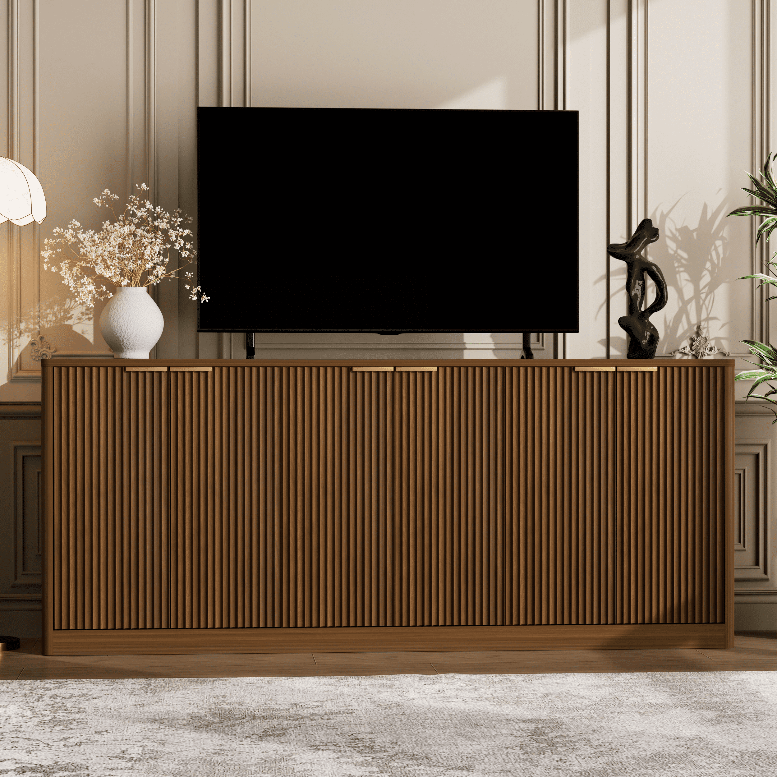 67" Sideboard, Curved Contour Design Storage Cabinet, 6-Door Cabinet With Storage Function, Suitable For Kitchen, Bedroom, Living Room, Walnut, 67.0"L X 15.7"W X 27.7"H
