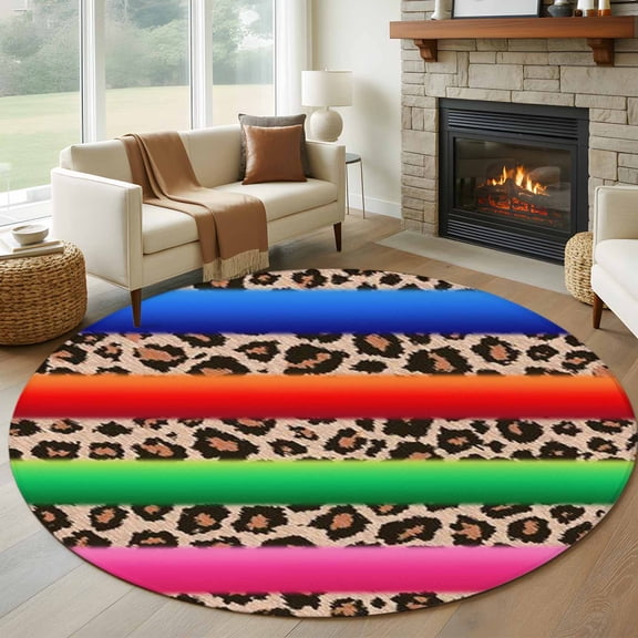 Round Area Rug 5ft,Mexican Colorful Stripes Animal Skin Textrue Washable Carpet Non-Slip Runner Accent Rugs Indoor Floor Mat for Bedroom Living Room Decor,Leopard Print