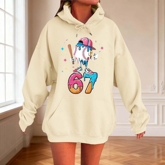 67 Six Seven Letter Hoodies Sweatshirts For Women Hoodies Sweatshirts Casual Lady 67 Number Six And Letters Slang Ice Dripping Funny Hoodie Beige S