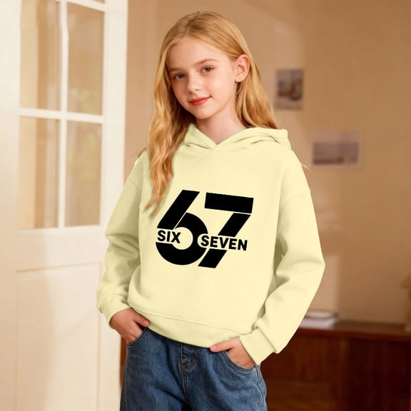 67 Six Seven Letter Hoodies Sweatshirts For Kids Hoodies Sweatshirts Casual Boys Graphic Print Hooded Sweatshirt Long Sleeve Pullover Soft Fleece Jacket With Pocket Yellow 110(5-6 Years)