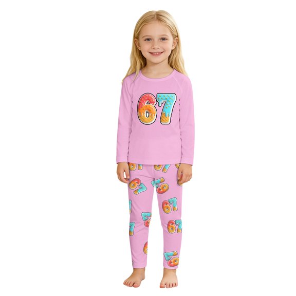 67 Six Seven Letter Outfits Set For Kids Outfits Set Casual Girls Long Sleeve Sleepwear Printed Raglan Crewneck For Kids Nightwear Pink 6 -7
