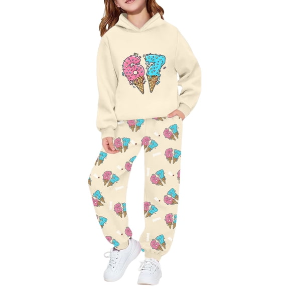 67 Six Seven Letter Outfits Set For Kids Outfits Set Casual Boys Graphic Print Hoodie And Jogger Play Outfit Soft Two Piece Wear For Kids Beige 120(6-7 Years)