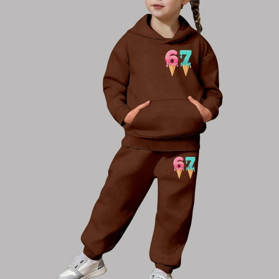 67 Six Seven Letter Outfits Set For Kids Outfits Set Casual Girls Fashion Hoodie And Jogger Cute Printed Pullover Tracksuit For Kids And Daily Wear Brown 160(12-13 Years)