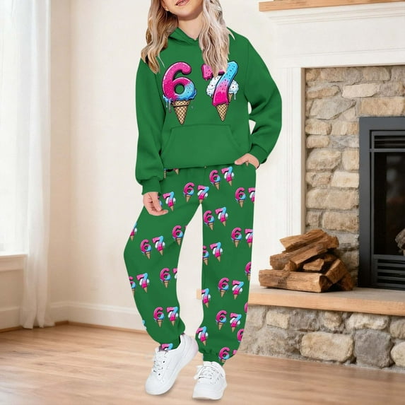 67 Six Seven Letter Outfits Set For Kids Outfits Set Casual Kids Graphic Hoodie And Joggers Pullover Tracksuit With Pockets For Girls And Boys Outfit Dark Green 150(10-11 Years)