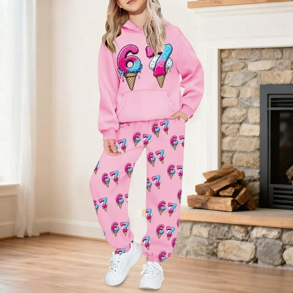 67 Six Seven Letter Outfits Set For Kids Outfits Set Casual Kids Graphic Hoodie And Joggers Pullover Tracksuit With Pockets For Girls And Boys Outfit Pink 120(4-5 Years)