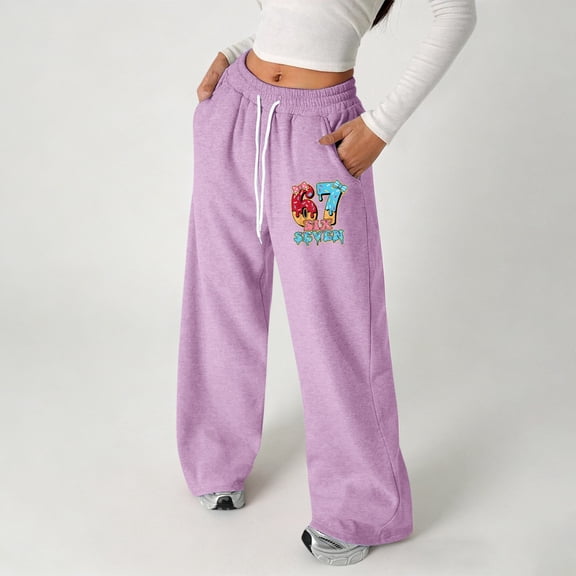 67 Six Seven Letter Pants For Women Pants Casual Girls' Printed Loose Fit Joggers Lightweight Straight Leg Sweatpants With Drawstring Light Purple 110(4 -5 )