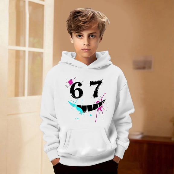 67 Six Seven Letter Sweatshirts For Kids Hoodies Sweatshirts Casual Abstract Face Graphic Hooded Sweatshirt For Kids Boys Girls Pullover With Funny Print White 140(7-8 Years)