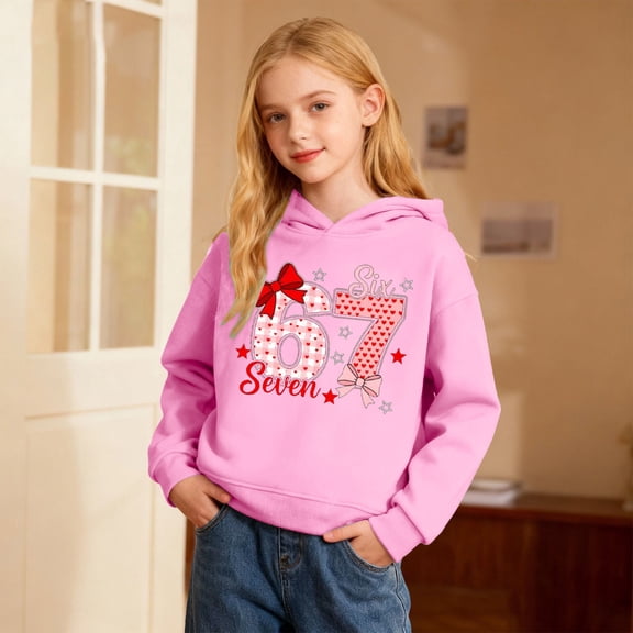 67 Six Seven Letter Sweatshirts For Kids Hoodies Sweatshirts Casual Girls Long Sleeve Hooded Sweatshirt With Digital Print Pullover For Kids Youth Wear Pink 150(11-12 Years)