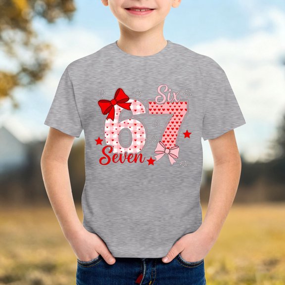 67 Six Seven Letter T-Shirts For Kids T-Shirts Casual Boys Summer Short Sleeve T Shirt Loose Fit Tee With Number Print Round Neck Top For Kids Grey 120(5-6 Years)