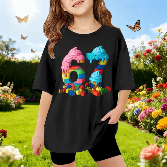 67 Six Seven Letter T-Shirts For Kids T-Shirts Casual Girls Summer Short Sleeve T Shirt Cute Cartoon Ice Print Top For Kids Playful Graphic Tee Soft Blend Black 110(3-4 Years)