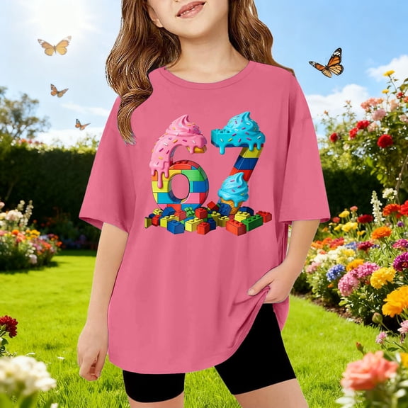 67 Six Seven Letter T-Shirts For Kids T-Shirts Casual Girls Summer Short Sleeve T Shirt Cute Cartoon Ice Print Top For Kids Playful Graphic Tee Soft Blend Hot Pink 110(3-4 Years)