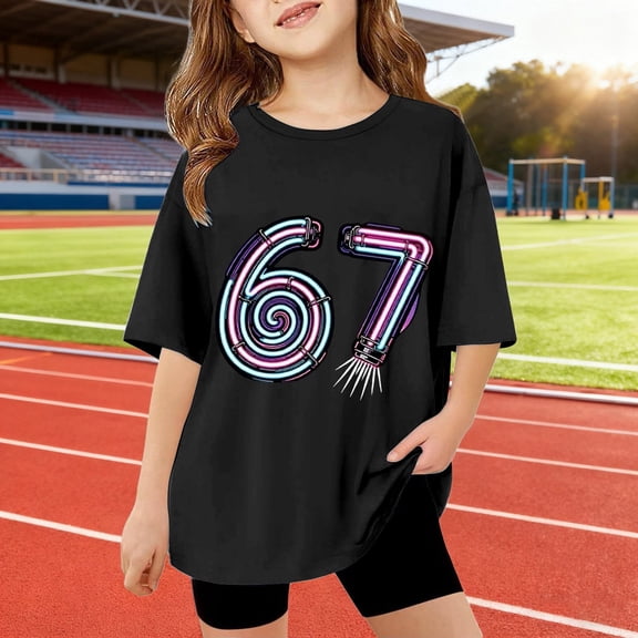 67 Six Seven Letter T-Shirts For Kids T-Shirts Casual Girls Summer Short Sleeve T Shirt Cute Cartoon Number Print Top For Children Lightweight Soft Tee Black 110(3-4 Years)