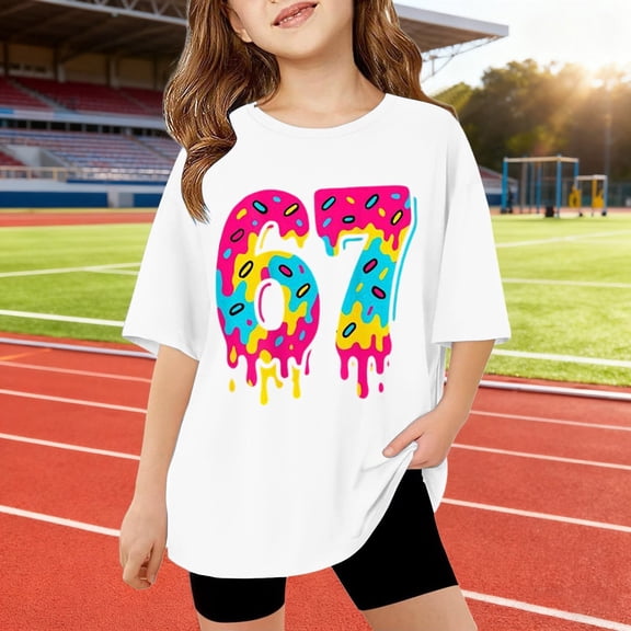 67 Six Seven Letter T-Shirts For Kids T-Shirts Casual Girls Summer Short Sleeve T Shirt Cute Cartoon Number Print Top For Children Lightweight Soft Tee White 120(5-6 Years)