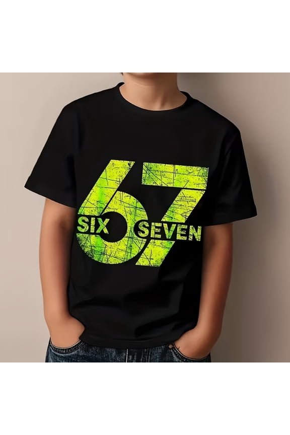 67" Six Seven Neon Green Number "67" Design Boys Girls T-Shirt, T-Shirt for Kids Youth, 180gsm, 100% Cotton