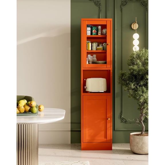 67" Slim Narrow Kitchen Pantry Cabinet with Glass Door,6 Tier Tall Storage Cupboard for Small Space, Adjustable Shelves, Reversible Doors, Easy Assembly, Orange, Ideal for Bathroom