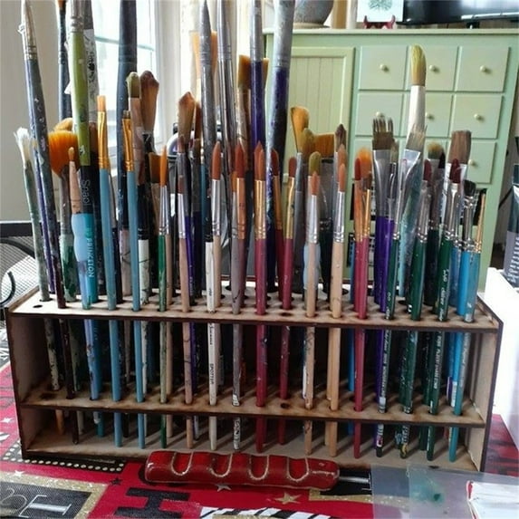67-Slot Paint Brush Holder Stand - Wall Mount or Tabletop Organizer for Acrylic/Oil Brushes, Includes Full Brush Set & Hardware (MDF Art Studio Storage)