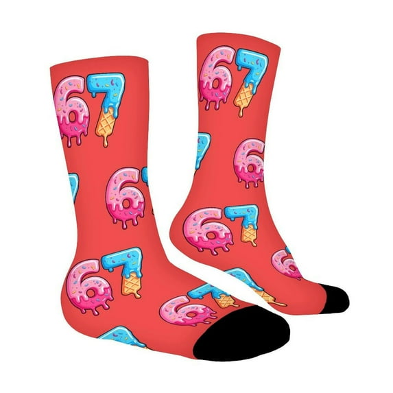 67 Socks Ice Cream 6 7 Meme Novelty Six Seven Crew Socks Funny Gifts for Boys Girls Fashion Footwear 7-13 Years Red