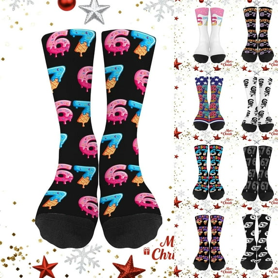 67 Socks Ice Cream 6 7 Meme Novelty Six Seven Number Crew Socks Funny Gifts For Boys Girls Festive Print Kids Socks Soft Winter Crew Socks