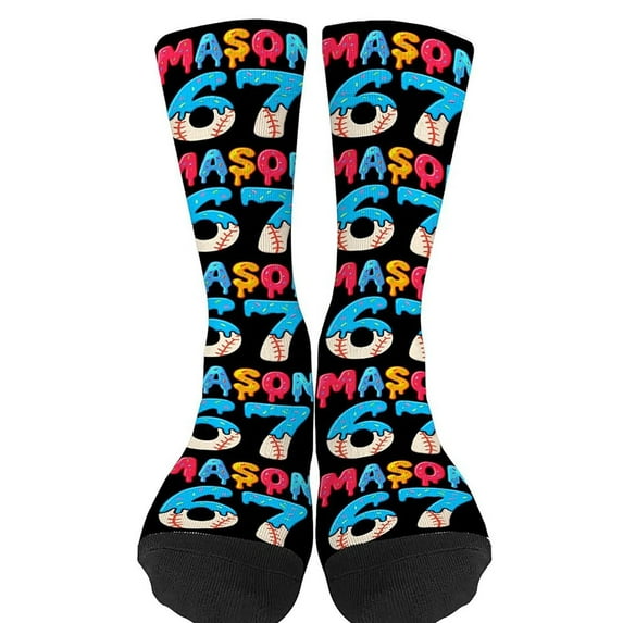 67 Socks for Boys Girls Six Seven Meme Design Funny Mason 6 7 Ice Cream Baseball Socks 7-13 Years Black2