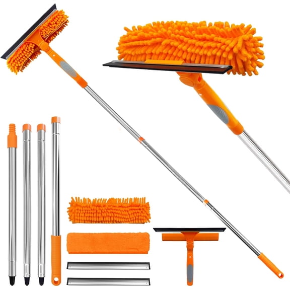 67" Squeegee Window Cleaner 2 in 1 Rotatable Cleaning Tool Kit with Extension Pole, Washing Equipment Bendable Head for Indoor & Outdoor High Windows and Car Glass