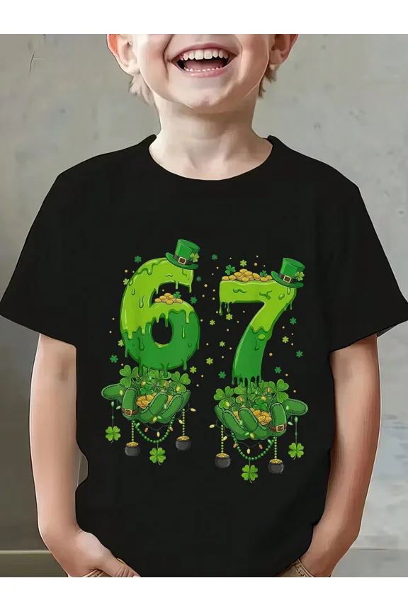 67 St Patrick's Day 6 7 Meme Happy Patricks Day T-Shirt Pure Cotton Boys'and Girls' Breathable Tees For Staying Cool In SpringSummer Size 120-160