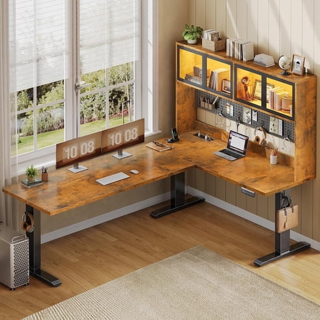67" Standing Desk with Storage Hutch, Pegboard and Led Lights, L Shaped Computer Desk, Stand Up Corner Office Desk