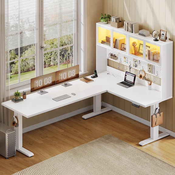 67" Standing Desk with Storage Hutch, Pegboard and Led Lights, L Shaped Computer Desk, Stand Up Corner Office Desk