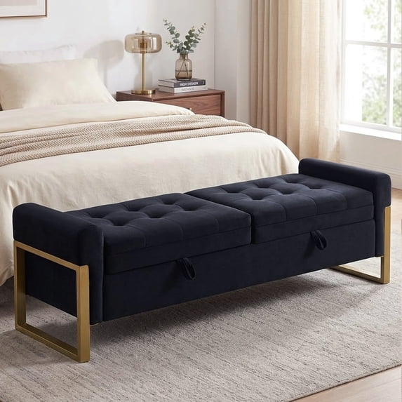 Aemeios 67" Velvet Storage Bench for Bedroom End of Bed with Double Lids Storage and Gold Legs, Black