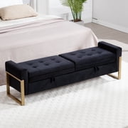 Aemeios 67" Velvet Storage Bench for Bedroom End of Bed with Double Lids Storage and Gold Legs, Black