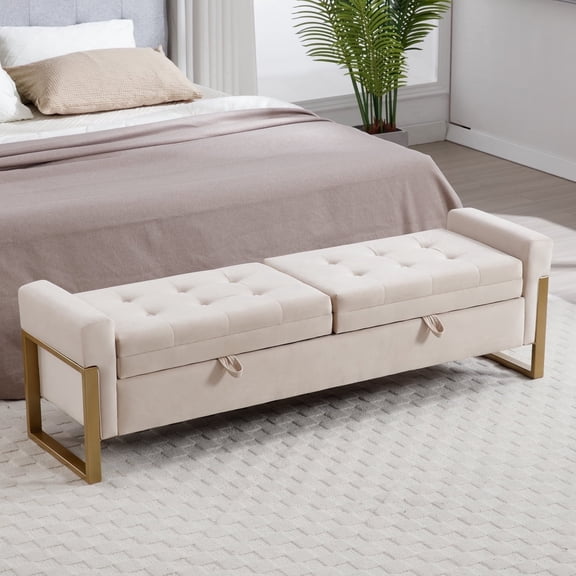 Aemeios 67" Velvet Storage Bench for Bedroom End of Bed with Double Lids Storage and Gold Legs, Beige