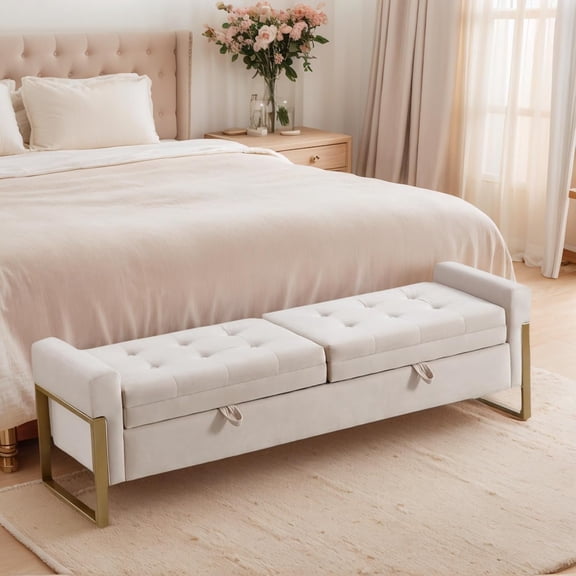 67" Storage for Bedroom, King Size End of Bed with Double Lids, Upholstered Storage Ottoman with Golden Metal Legs, Bedroom for Entryway, Beige