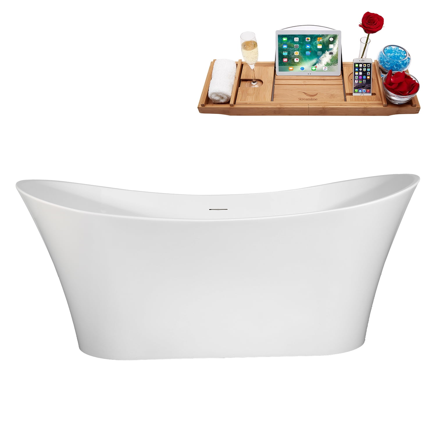 67" Glossy White Acrylic Freestanding Double Slipper Bathtub with Polished Gold Trim