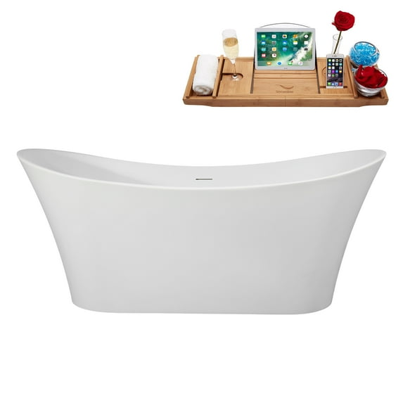 67" Streamline B-476-211-WH Soaking Matte White Freestanding Tub and Tray With Internal Drain in Glossy White