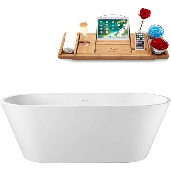 67" Streamline G-37-184-WH Soaking Glossy White Freestanding Tub and Tray With Internal Drain in Glossy White