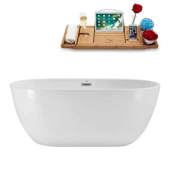 67" Streamline N3301BNK Soaking Freestanding Tub and Tray With Internal Drain in Brushed Nickel