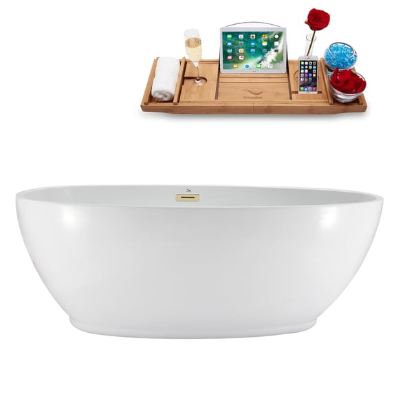 67" Streamline N3601PBR Soaking Freestanding Tub and Tray With Internal Drain in Polished Brass