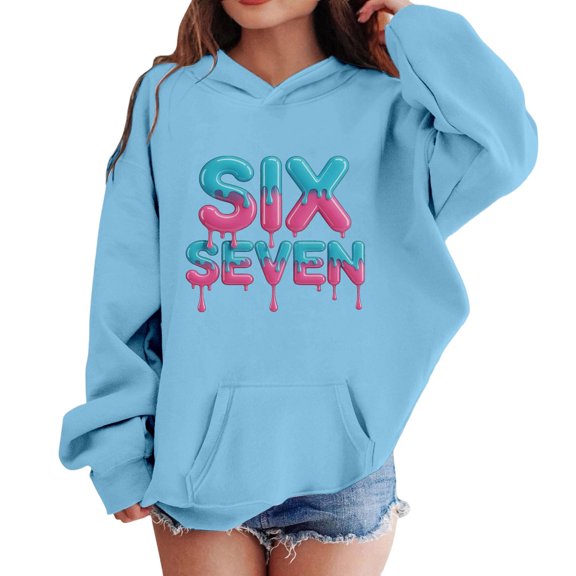 67 Sweatshirt Girls 67 Six Seven Meme Hooded Sweatshirt Soft Pullover Long Sleeve with Pocket Comfortable Playful Daily Wear Girls Sweatshirt Light Blue 9 Years-10 Years