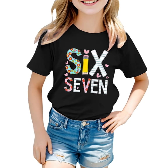 67 T Shirt Unisex Kids Six Seven Meme T Shirt Short Sleeve Crewneck Funny Graphic Soft Comfortable Toddler Youth Daily Tee Shirts for Girls Black 2 Years-3 Years