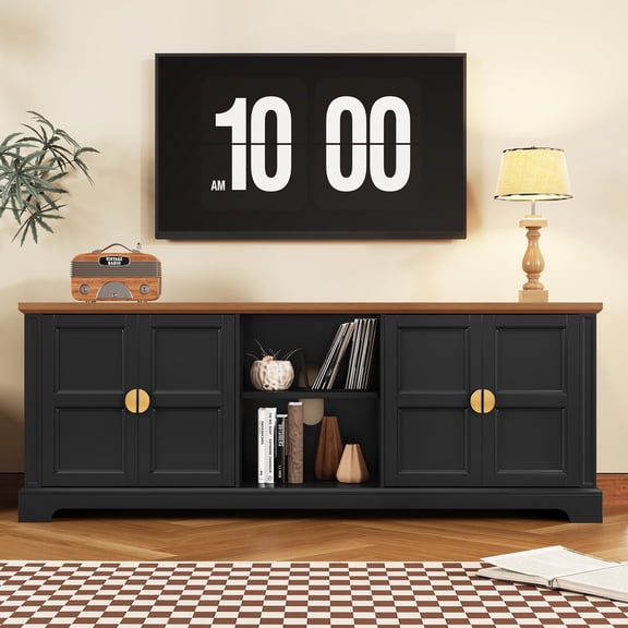 67" TV Stand for 75" TV with Storage and Shelves, Mid-Century Style, Black